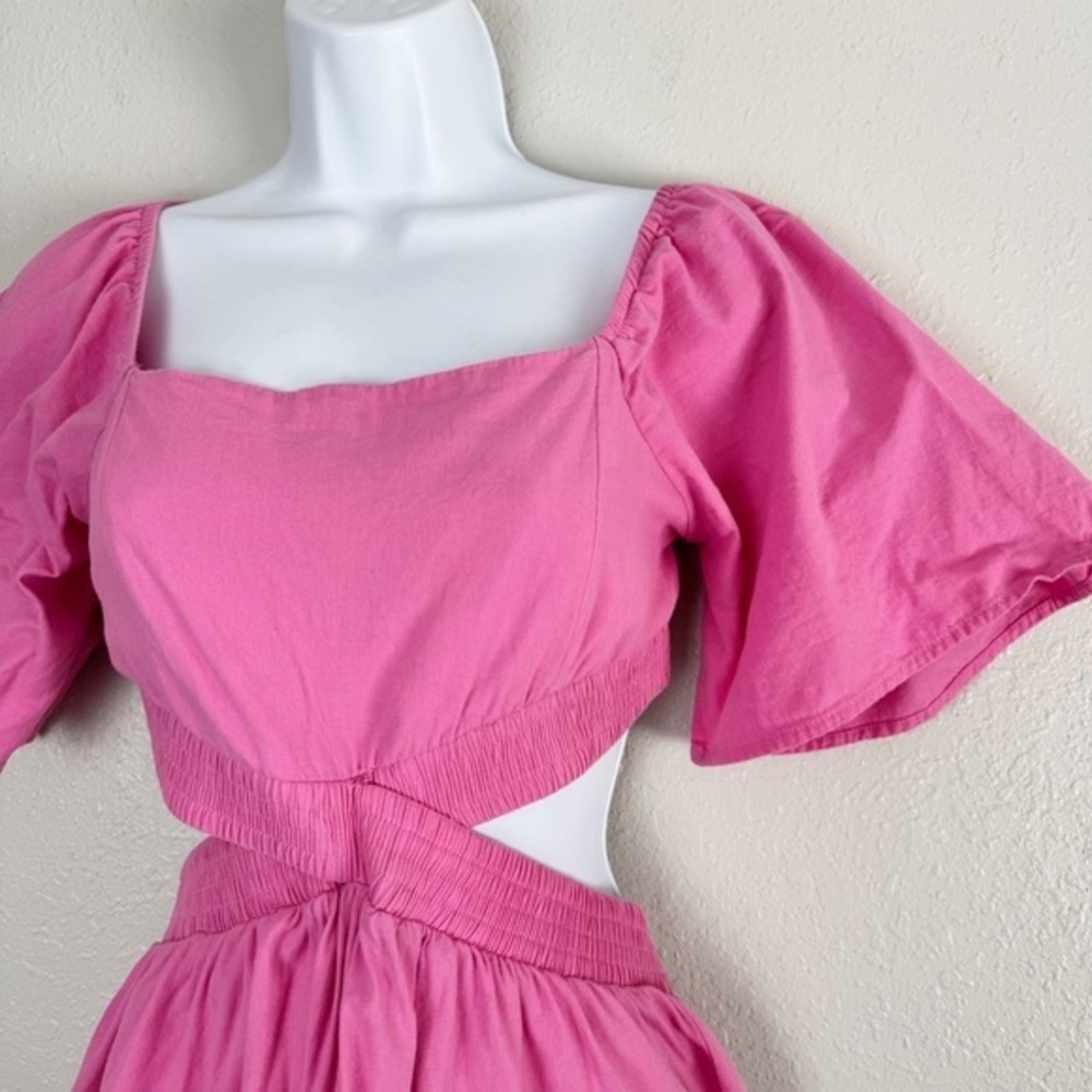 Shy Velvet pink square neck crossover smocked waist cutout mini dress S - Picture 3 of 11